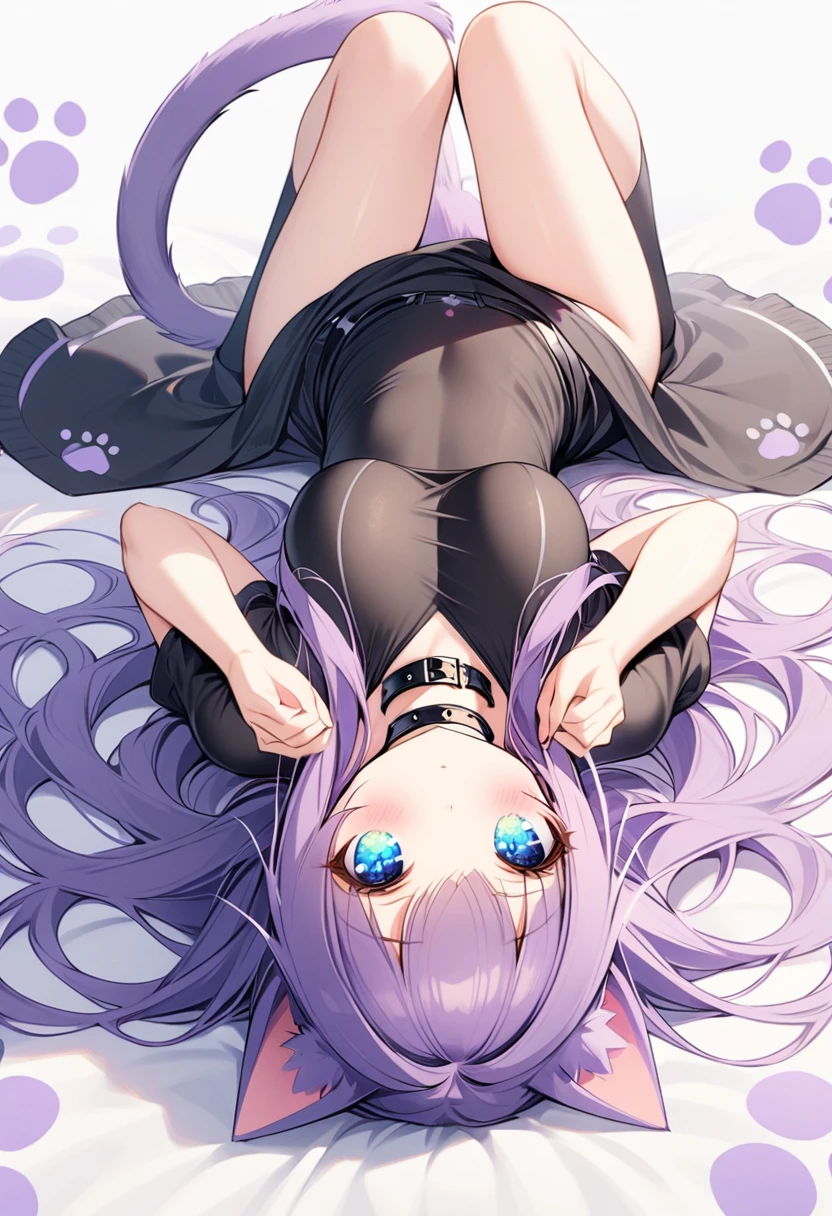 1girl, Blue eyes, Long Hair, Bangs, Purple Hair, Breasts, black collar, cat ears, purple cat tail, black clothes, paw prints, light blush, fully body, laying down