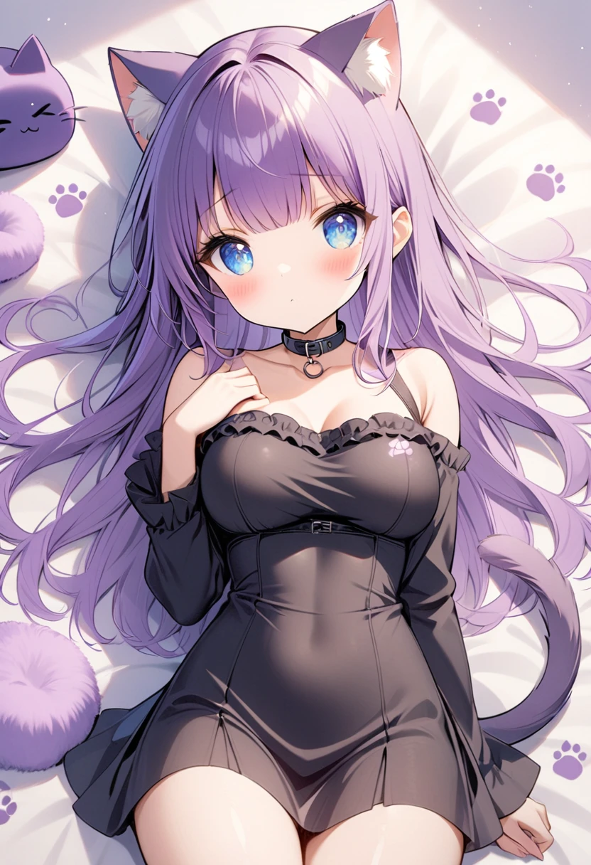 1girl, Blue eyes, Long Hair, Bangs, Purple Hair, Breasts, black collar, cat ears, purple cat tail, black clothes, paw prints, light blush, fully body, laying down