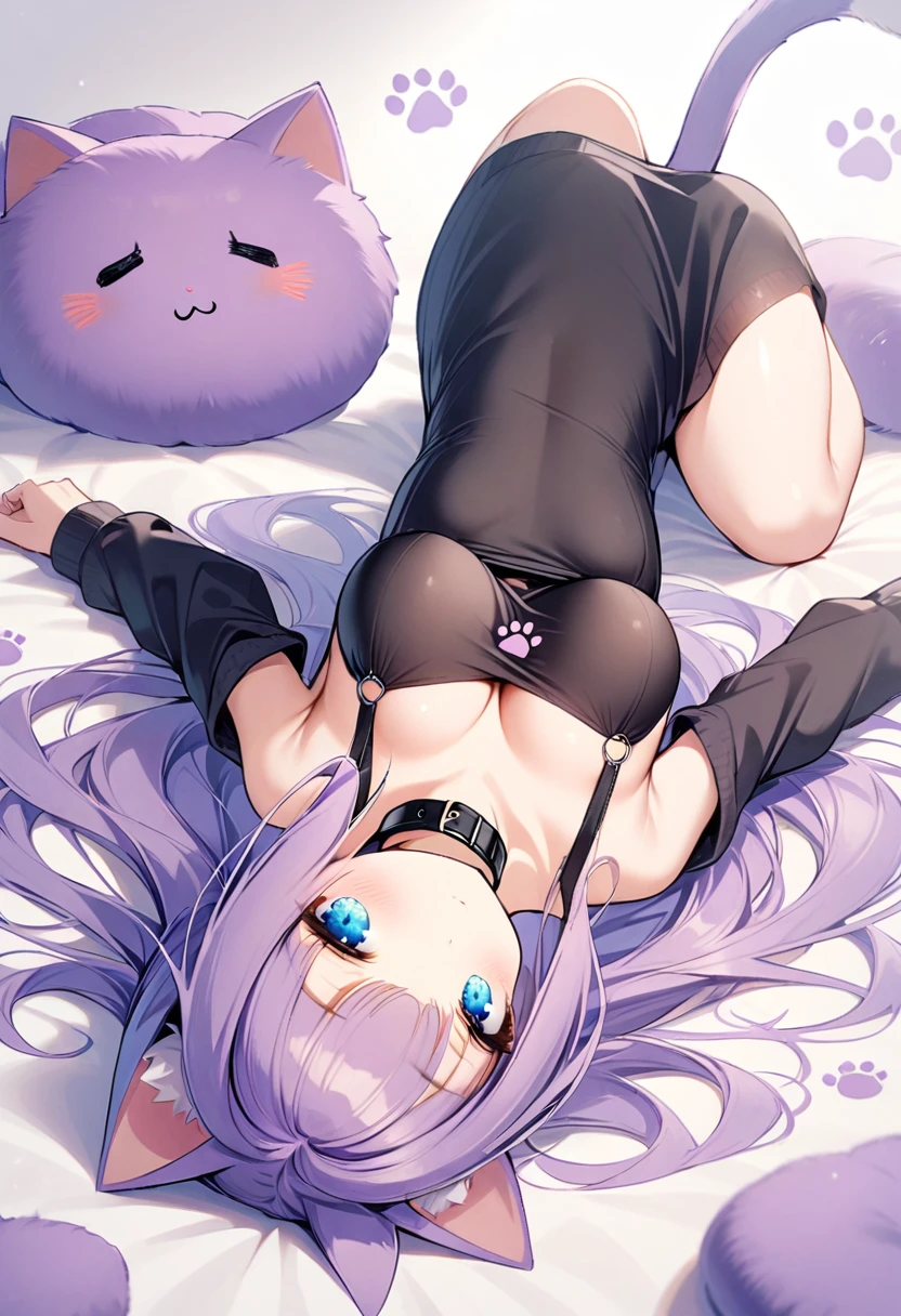 1girl, Blue eyes, Long Hair, Bangs, Purple Hair, Breasts, black collar, cat ears, purple cat tail, black clothes, paw prints, light blush, fully body, laying down