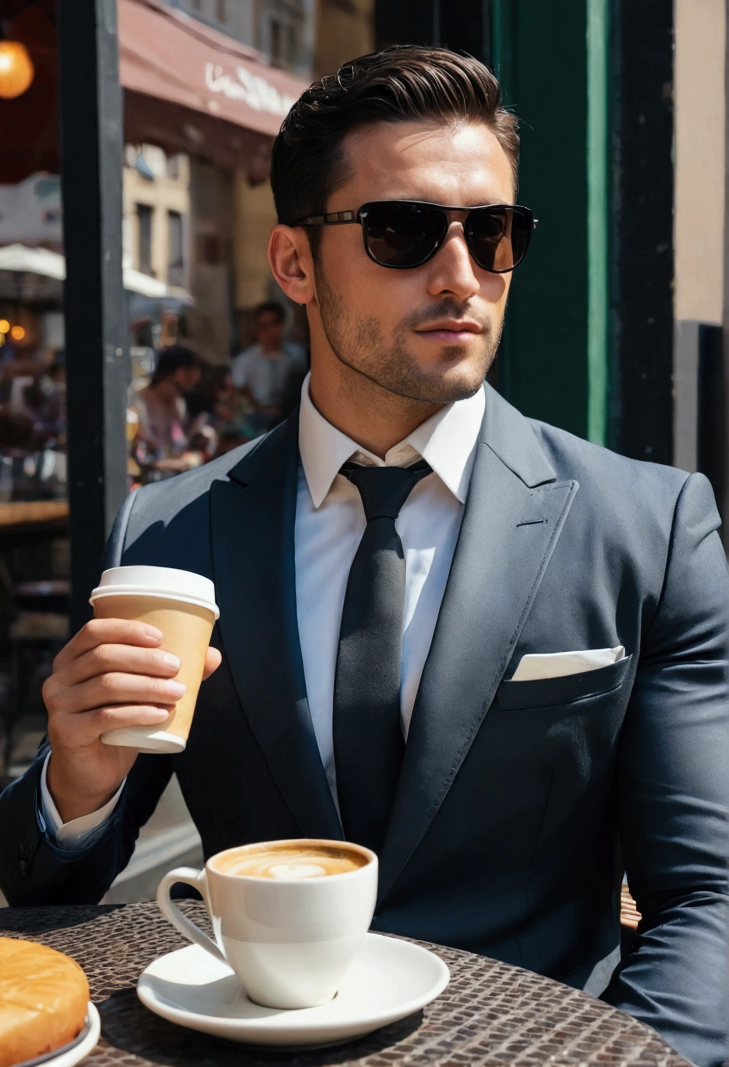 An attractive 30-year-old athletic man with short dark hair, wearing a suit, black sunglasses, and fine stubble, sits in a street cafe and drinks coffee.