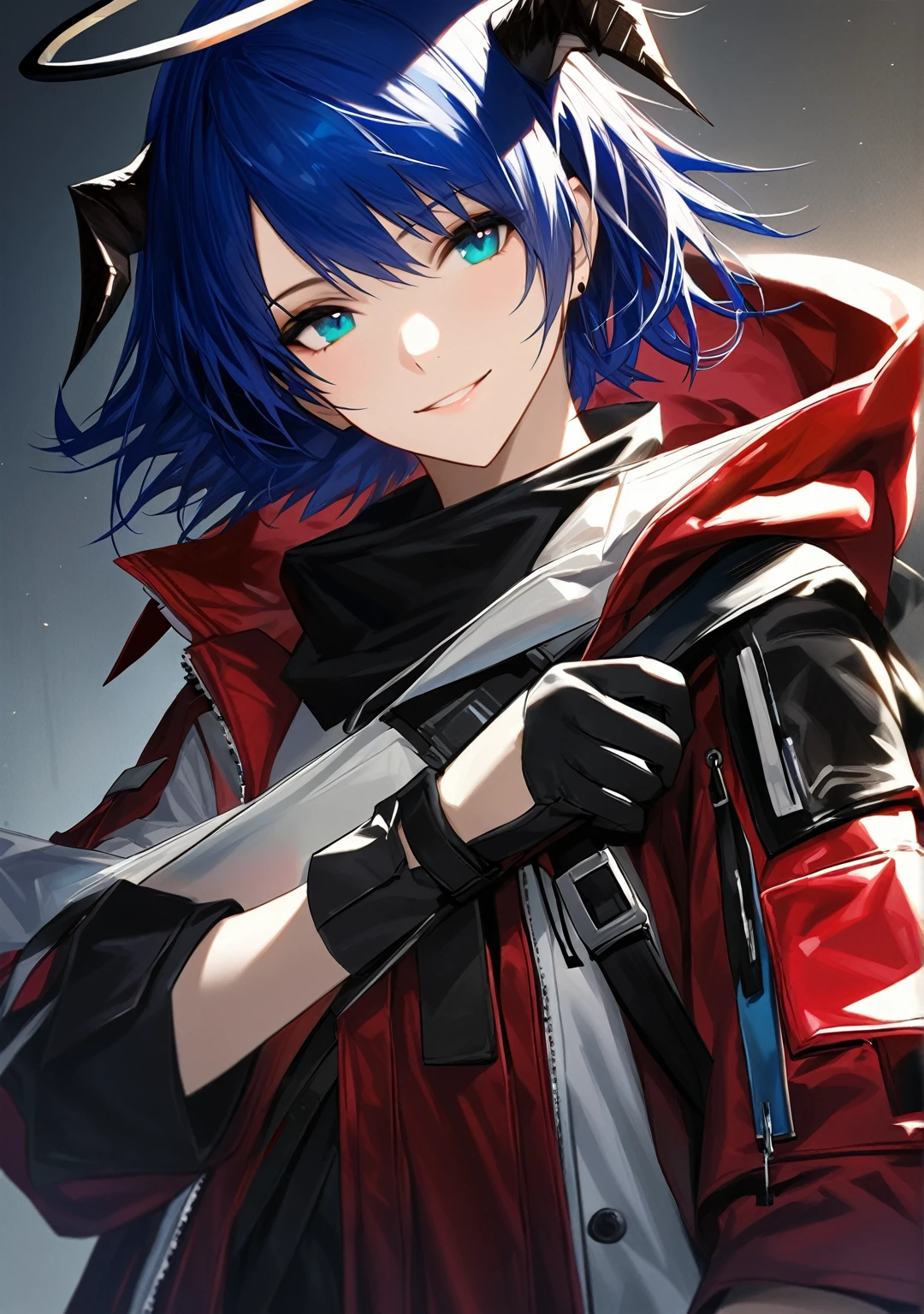 (woman), ((Mostima from arknights)), masterpiece, best quality, blue hair, ((short hair)), horns, plain white shirt, red fullbody coat, red hood, dark blue eyes, realistic anime style, smiling, ((portrait)), black gloves, carring a bag, halo.