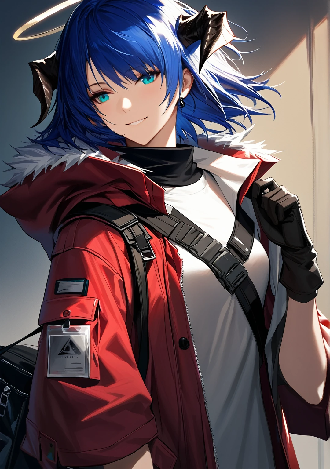 (woman), ((Mostima from arknights)), masterpiece, best quality, blue hair, ((short hair)), horns, plain white shirt, red fullbody coat, red hood, dark blue eyes, realistic anime style, smiling, ((portrait)), black gloves, carring a bag, halo.