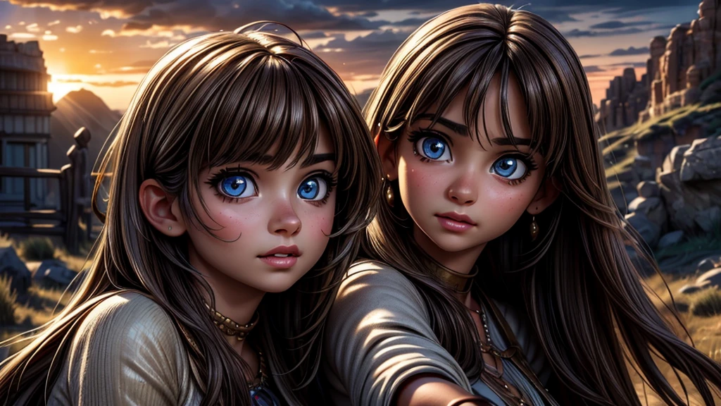a cowgirl riding a horse through the wild west, indian friend, detailed face, beautiful detailed eyes, beautiful detailed lips, extremely detailed eyes and face, long eyelashes, intricate costume details, golden sunset lighting, warm color palette, epic dramatic lighting, cinematic composition, dramatic clouds, vast open landscape, rolling hills, rocky formations, (best quality,4k,8k,highres,masterpiece:1.2),ultra-detailed,(realistic,photorealistic,photo-realistic:1.37),cinematic lighting,cinematic color grading,dramatic atmosphere,epic scale