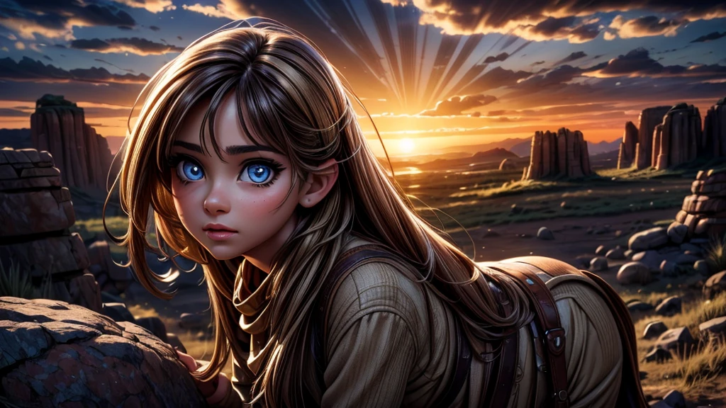 a cowgirl riding a horse through the wild west, indian friend, detailed face, beautiful detailed eyes, beautiful detailed lips, extremely detailed eyes and face, long eyelashes, intricate costume details, golden sunset lighting, warm color palette, epic dramatic lighting, cinematic composition, dramatic clouds, vast open landscape, rolling hills, rocky formations, (best quality,4k,8k,highres,masterpiece:1.2),ultra-detailed,(realistic,photorealistic,photo-realistic:1.37),cinematic lighting,cinematic color grading,dramatic atmosphere,epic scale