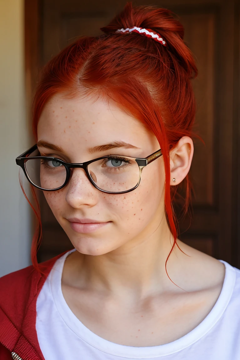 18 year old teenage girl, freckles on the face and red hair tied up, Glasses, woman&#39;s rosy cheeks and jaw, perfect face features, black leather jacket and light blue jeans, big breasts and big ass, smiling and young face