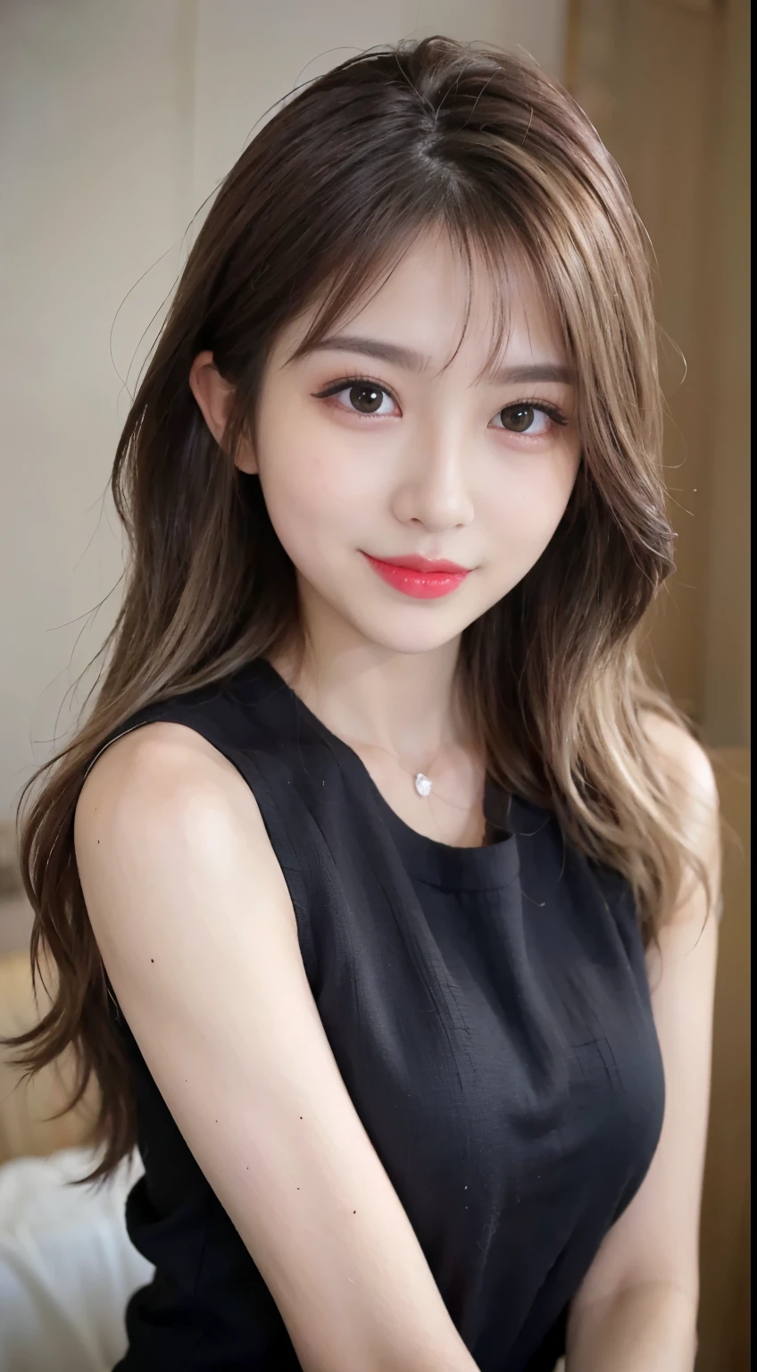 blush a little and smile, (Top quality masterpiece:1.2) Delicate illustrations, Very detailed, /Beautiful Japanese Woman、1 person,Very cute and slim、Great style 、((8k images、super high quality))、Very delicate face, Big Breasts、Skin and Hair、beautifule forehead、Red lipstick、(((((Mid-length hair、Blonde、lure))))),Very cute Japanese cut face、Eyes and nose are clearly visible、Kind eyes,((((Black sleeveless fashion))))