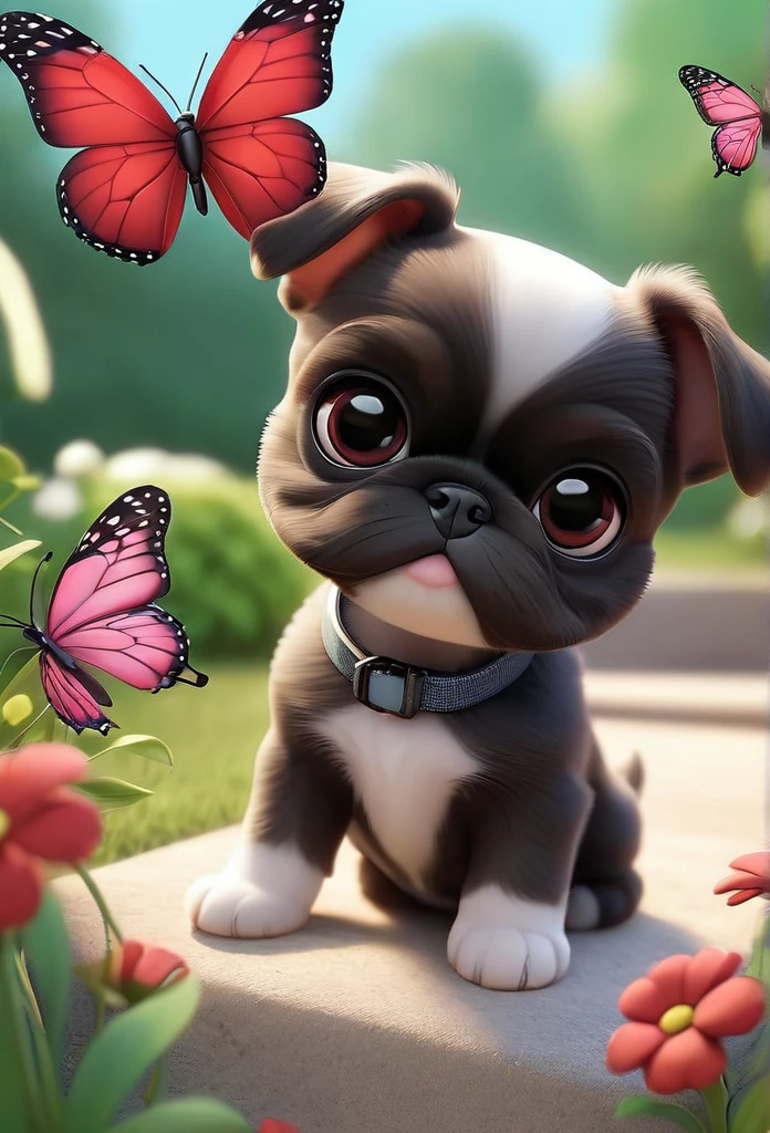 Adorable small red boston Terrior puppy 2 black shih tzu puppies wearing sunglasses playing at park butterflies and flowers in background 3D Pixar style
