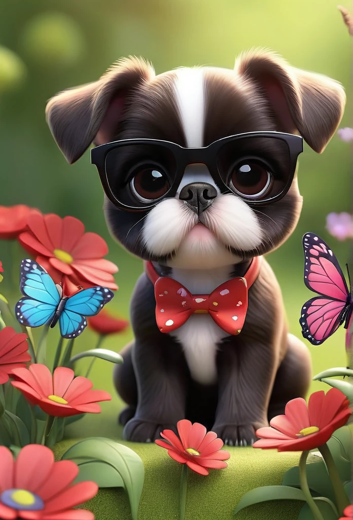 Adorable small red boston Terrior puppy 2 black shih tzu puppies wearing sunglasses playing at park butterflies and flowers in background 3D Pixar style