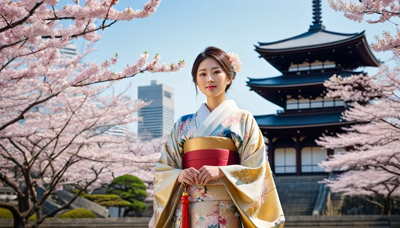 A luxurious academic scene depicting a young woman in traditional Japanese attire standing proudly in front of Tokyo University, with ornate architecture in the background. The setting is infused with elements of modernity and tradition, showcasing cherry blossom trees in full bloom, symbolizing beauty and renewal. Soft, warm lighting creates an inviting atmosphere, while hints of gold and intricate patterns in the clothing reflect the family’s affluence. The style merges traditional Japanese painting techniques with contemporary digital art, offering a harmonious blend of past and present.