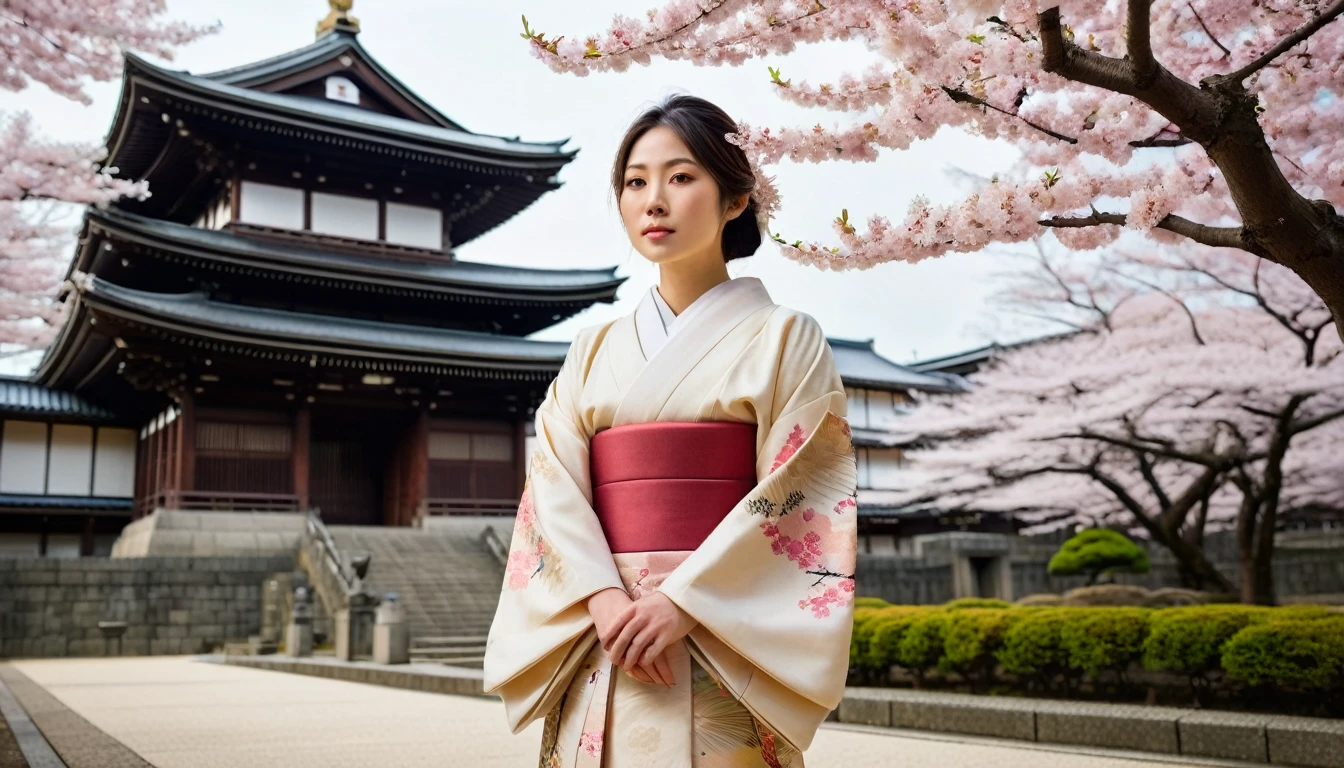 A luxurious academic scene depicting a young woman in traditional Japanese attire standing proudly in front of Tokyo University, with ornate architecture in the background. The setting is infused with elements of modernity and tradition, showcasing cherry blossom trees in full bloom, symbolizing beauty and renewal. Soft, warm lighting creates an inviting atmosphere, while hints of gold and intricate patterns in the clothing reflect the family’s affluence. The style merges traditional Japanese painting techniques with contemporary digital art, offering a harmonious blend of past and present.