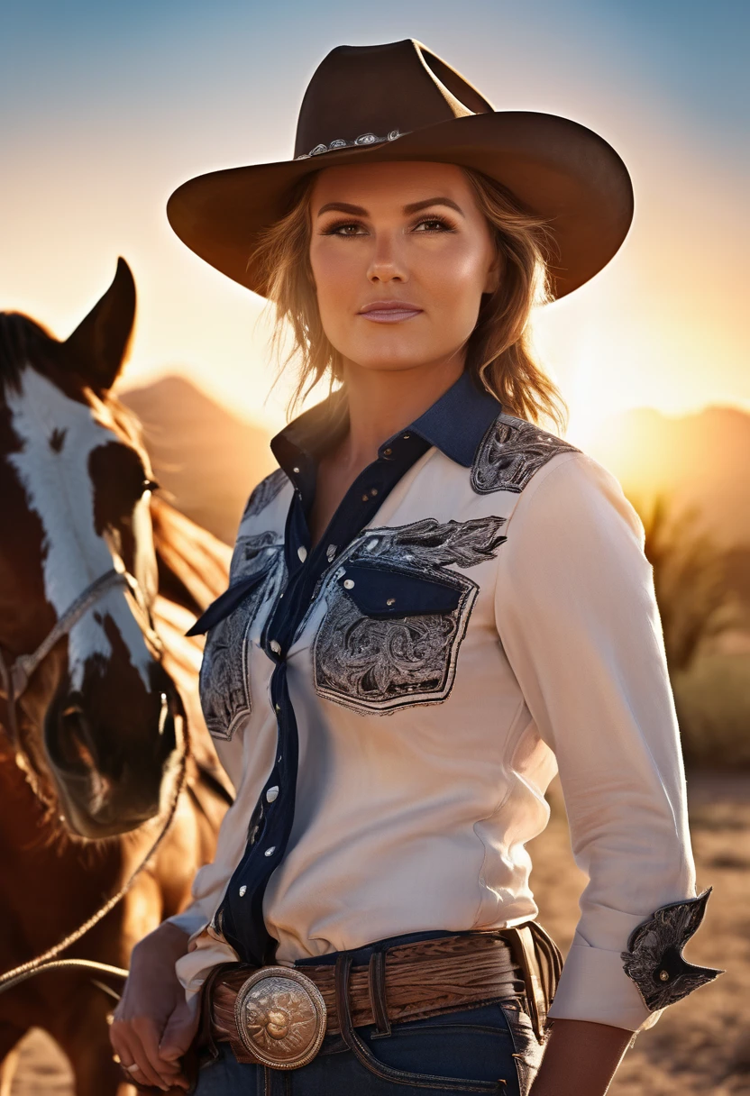 1 cowboy, rodeo, western, cowgirl, cowboy hat, lasso, horse, ranch, sunset, desert, action pose, detailed face, (best quality,4k,8k,highres,masterpiece:1.2),ultra-detailed,(realistic,photorealistic,photo-realistic:1.37),cinematic lighting,dramatic shadows,vibrant colors,dynamic composition