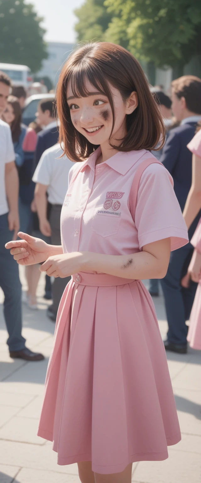 {{Girl, bule}}, Looking at the audience, Hazel eyes, Extremely detailed, Brown hair, Pink clothes, Bully, Impolite girl, Strong Girl, schoolgirl, Bruising, scar, Happy, best quality, high quality, Extremely detailed anime screencap, whole body