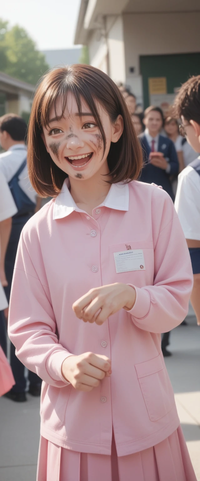 {{Girl, bule}}, Looking at the audience, Hazel eyes, Extremely detailed, Brown hair, Pink clothes, Bully, Impolite girl, Strong Girl, schoolgirl, Bruising, scar, Happy, best quality, high quality, Extremely detailed anime screencap, whole body