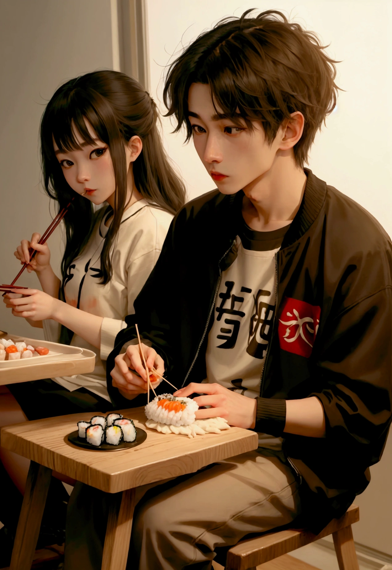 boyfriend feeding his girlfriend sushi with chopsticks, casual clothing, shy, stools. (1girl, 1boy) (masterpiece)