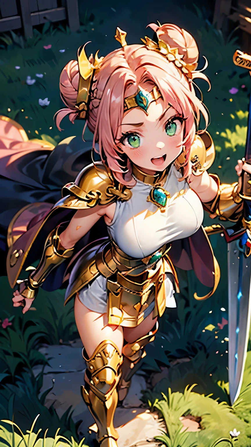 best quality, (masterpiece:1.3), absurdres, highres,16k, ultra high res, official art, illustration,extremely detailed, 1girl, solo, full body, 20yo, 
delicate lines tailed face,(top knot bun :1.5), (parted bangs:1.2), 
(beautiful pink hair:1.2), (shiny hair:1.2), (beautiful green eyes:1.2), (shiny eyes:1.2), (large breasts), (gleaming skin:1.4),
looking at viewer, simple background, (from below), in castle,
standing, (dynamic pose), serious with open mouth,
(brave lady), (fantasy), (armor, sword, shield, crown, boots, cape:1.5)