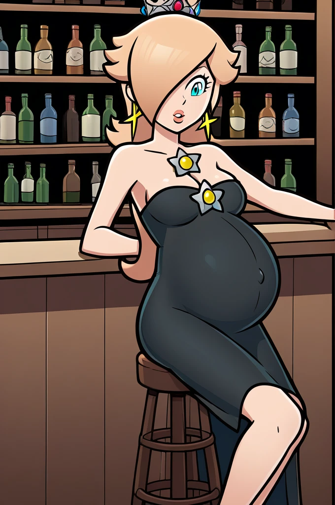 score_9, score_8_up, 1girl, solo, rosalina, style parody, thick outlines, black dress, sleeveless, strapless, cleavage, indoors, bar, pregnant