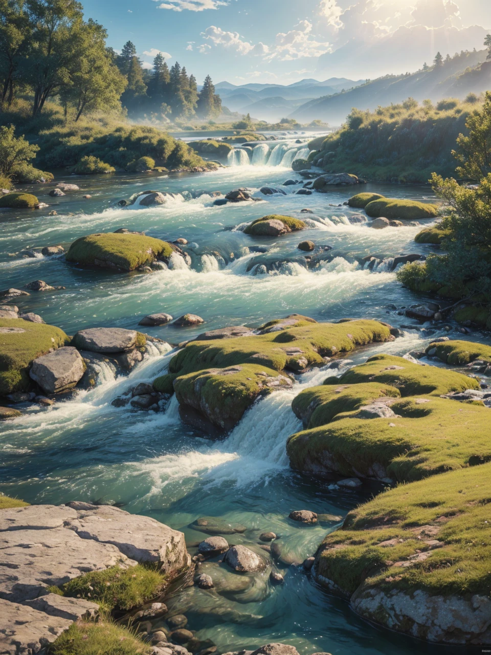 a majestic river overlooking a panoramic vista, watercolor style, spectral art, costume back, flowing waters with subtle reflections, blending and splashing, dynamic light and shadow, (best quality,4k,8k,highres,masterpiece:1.2),ultra-detailed,(realistic,photorealistic,photo-realistic:1.37),vivid colors,professional