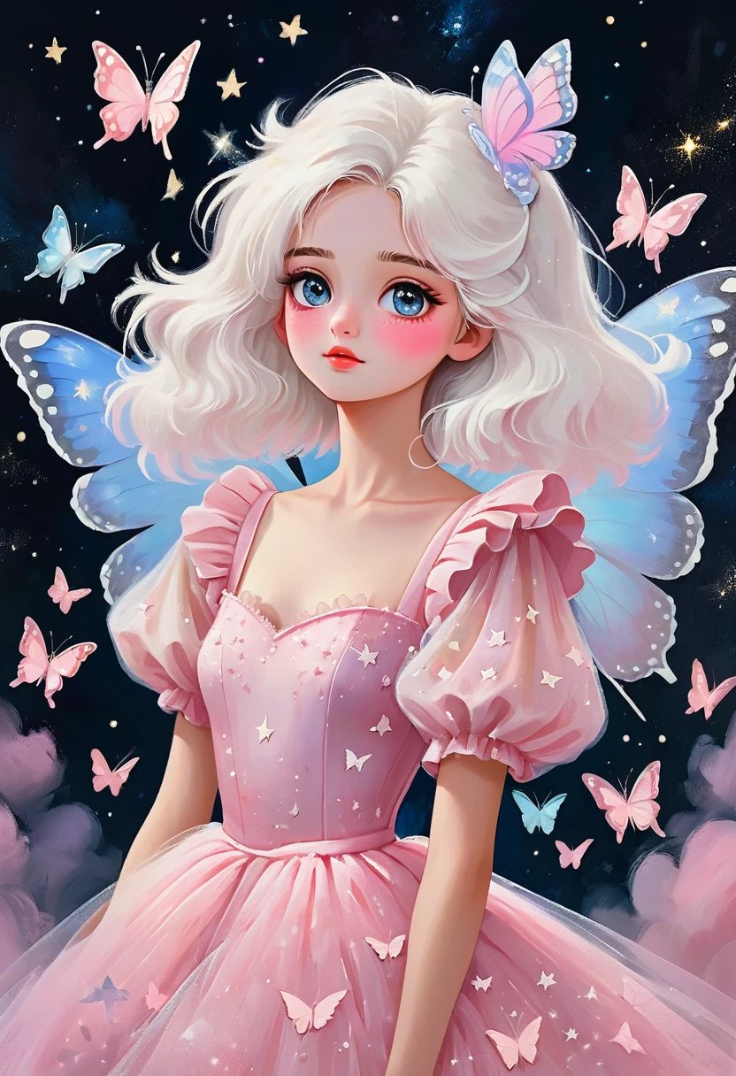 Rafael Silveira Collage Painting,Oil painting brush strokes,Oil painting texture:Girl Portrait,Starry Eyes,White fluffy hair,Puff Sleeve Princess Tulle Dress-Tulle,Butterflies in the sky,Luminescence,Soft pink,Dark solid background