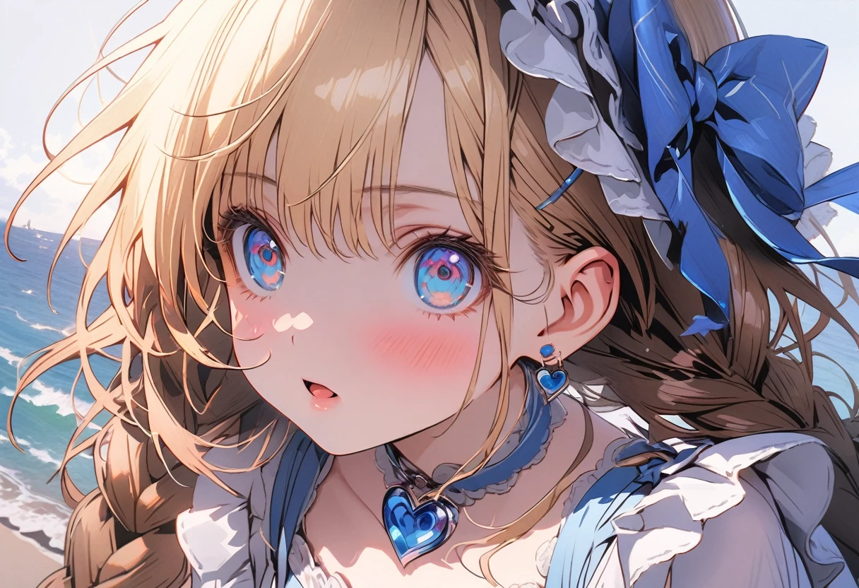 1female\(princes,cute,kawaii,age of 20,long braid hair,blonde,eye color ocean blue,big eyes,dynamic pose,wearing beautiful heart neck dress,looking away,looking up\), BREAK ,background\(castle,seashore\), BREAK ,quality\(8k,wallpaper of extremely detailed CG unit, ​masterpiece,hight resolution,top-quality,top-quality real texture skin,hyper realisitic,increase the resolution,RAW photos,best qualtiy,highly detailed,the wallpaper,cinematic lighting,ray trace,golden ratio\),,close up throat,[nsfw]