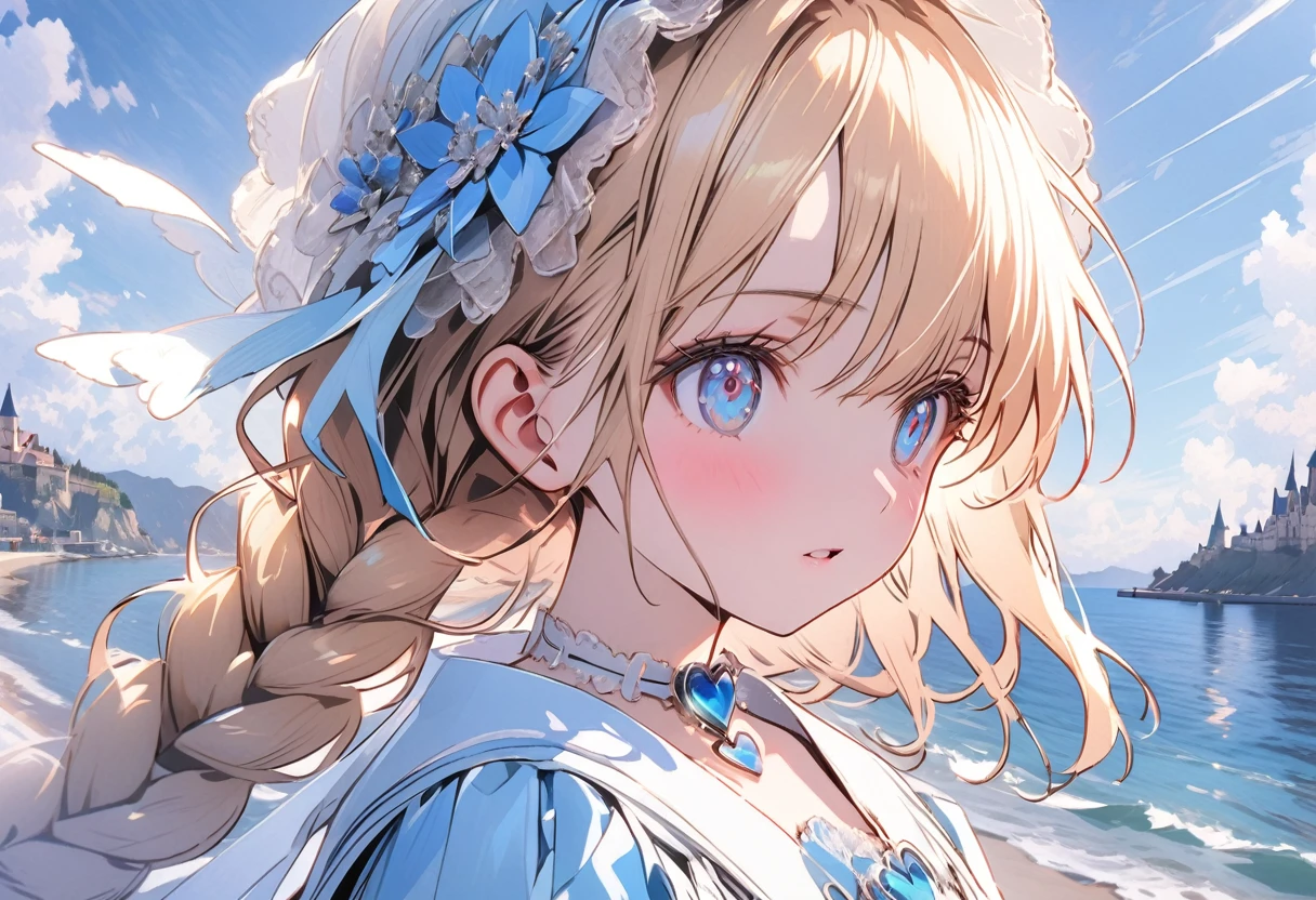 1female\(princes,cute,kawaii,age of 20,long braid hair,blonde,eye color ocean blue,big eyes,dynamic pose,wearing beautiful heart neck dress,looking away,looking up\), BREAK ,background\(castle,seashore\), BREAK ,quality\(8k,wallpaper of extremely detailed CG unit, ​masterpiece,hight resolution,top-quality,top-quality real texture skin,hyper realisitic,increase the resolution,RAW photos,best qualtiy,highly detailed,the wallpaper,cinematic lighting,ray trace,golden ratio\),,close up throat,[nsfw]