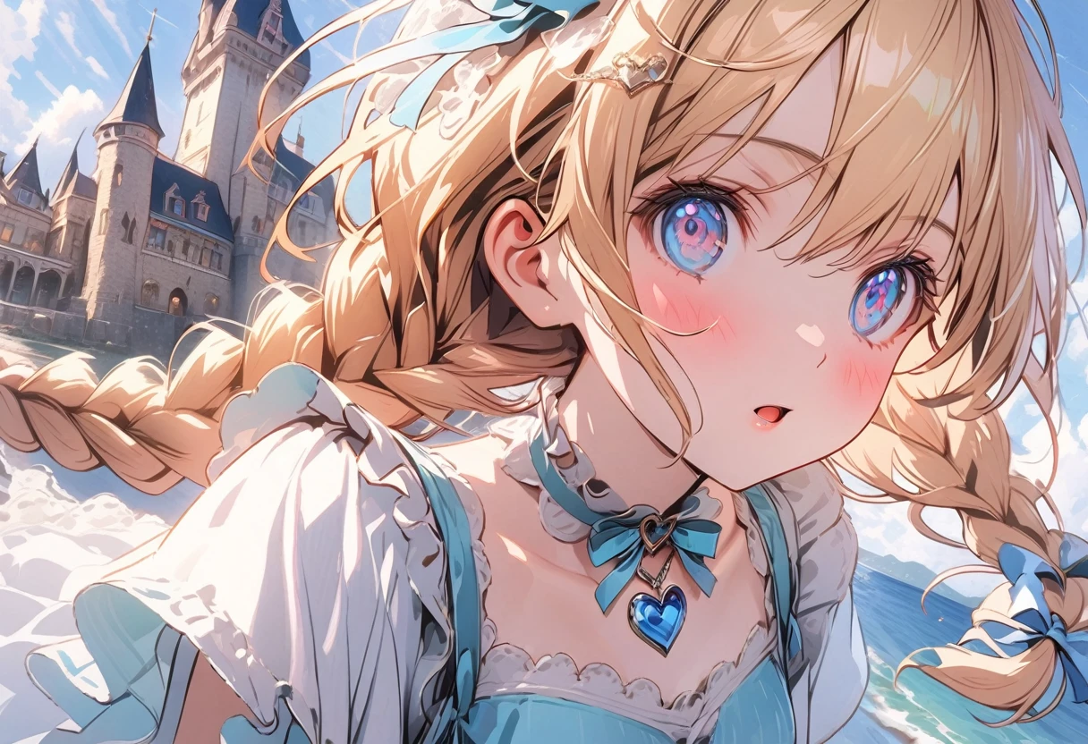 1female\(princes,cute,kawaii,age of 20,long braid hair,blonde,eye color ocean blue,big eyes,dynamic pose,wearing beautiful heart neck dress,looking away,looking up\), BREAK ,background\(castle,seashore\), BREAK ,quality\(8k,wallpaper of extremely detailed CG unit, ​masterpiece,hight resolution,top-quality,top-quality real texture skin,hyper realisitic,increase the resolution,RAW photos,best qualtiy,highly detailed,the wallpaper,cinematic lighting,ray trace,golden ratio\),,close up throat,[nsfw]