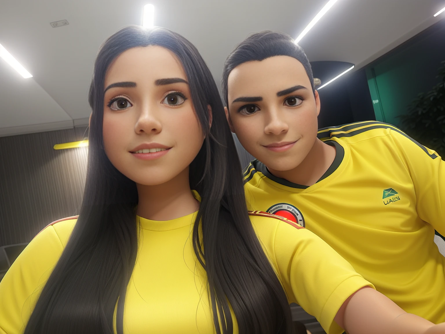 Um casal parado na frente, illuminated by the light of a camera flash , em uma boate