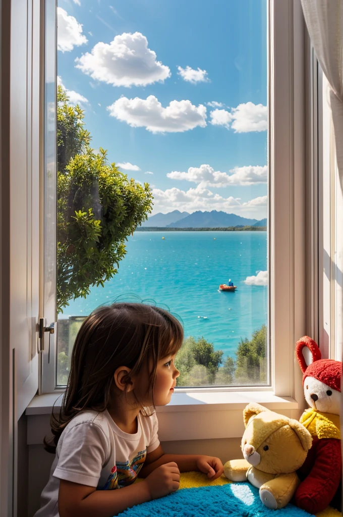 Description: Sofia, a girl with brown hair, he wakes up in his sunlit room. Through the window you can see a clear blue sky with some fluffy clouds. The room is decorated with bright colors and toys.