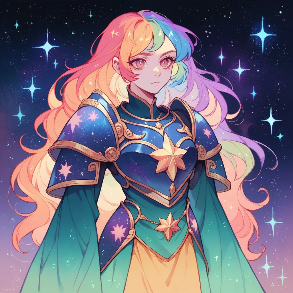 a girl with rainbow colored hair and detailed teal dress armor, standing, rainbow colored cosmic nebula background, stars, galaxies, intricate details, perfect face