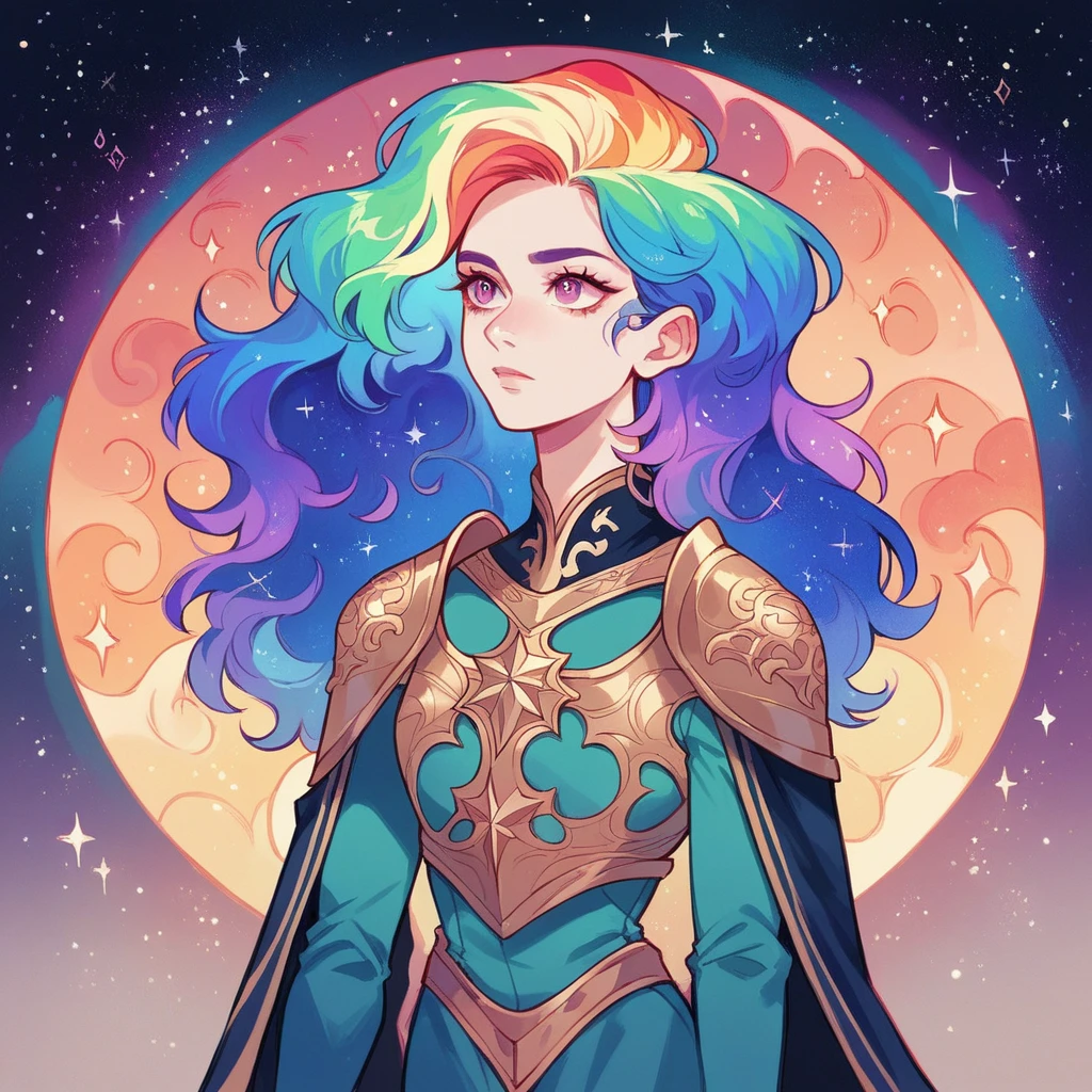 a girl with rainbow colored hair and detailed teal dress armor, standing, rainbow colored cosmic nebula background, stars, galaxies, intricate details, perfect face