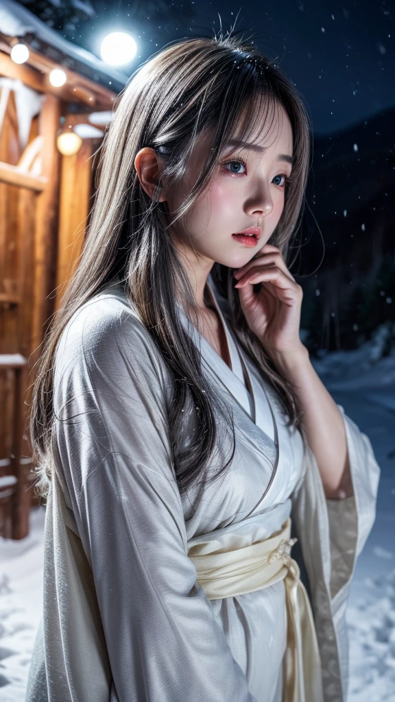 Snow Woman、Gray Hair、White kimono、long hair、Pale skin、cry、Snow Mountain、fear、night、forest