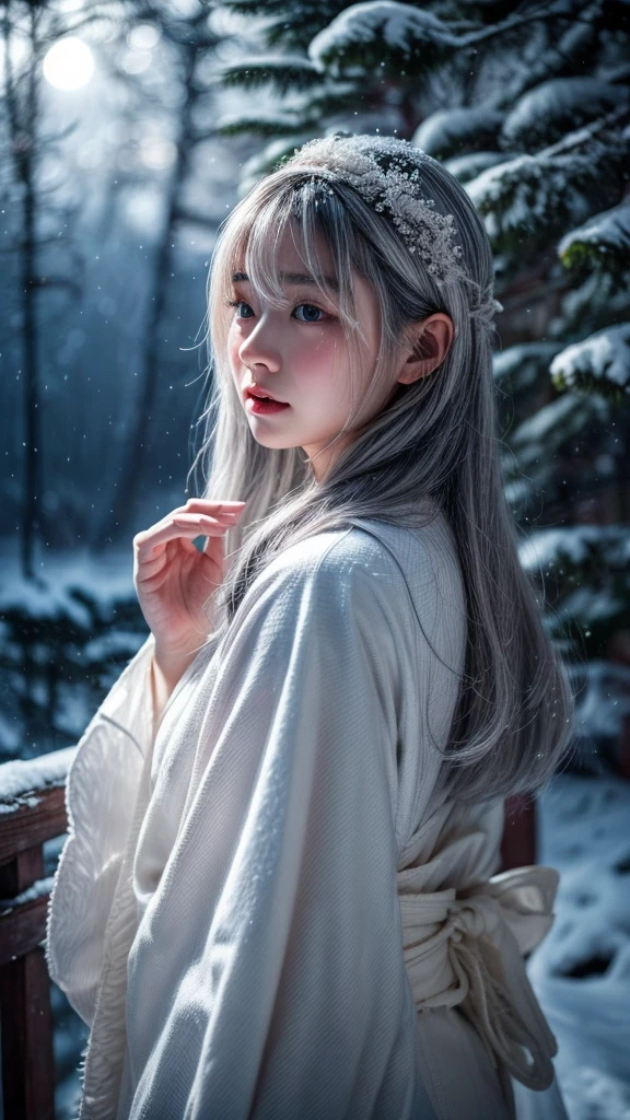 Snow Woman、Gray Hair、White kimono、long hair、Pale skin、cry、Snow Mountain、fear、night、forest
