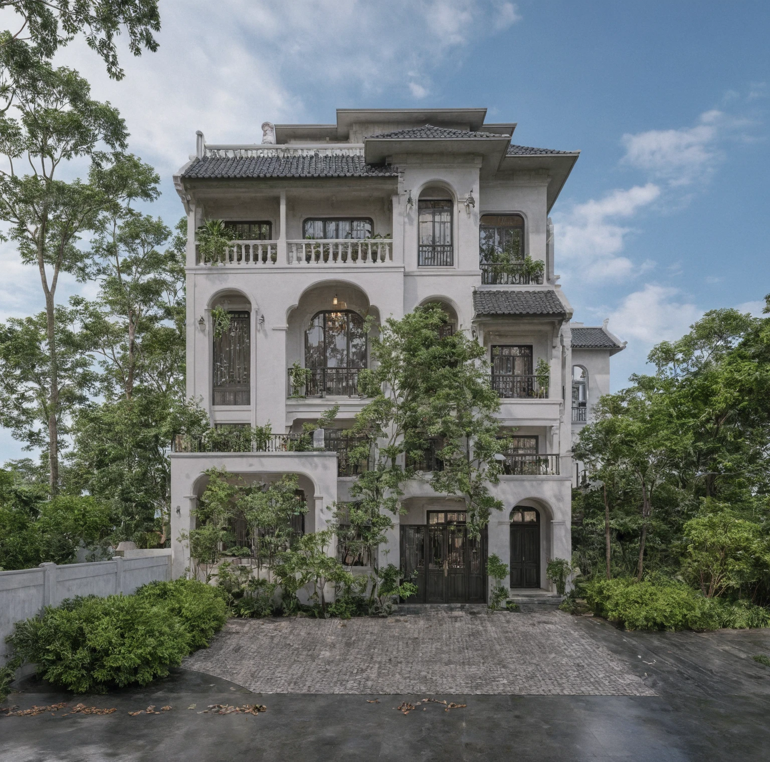 Raw photo,Masterpiece, high quality, best quality, authentic, super detail,
exterior, outdoors, house style indochine on the street ,aiaigroup
road,pavement, grass, trees, sky, cloud, (day:1.1)