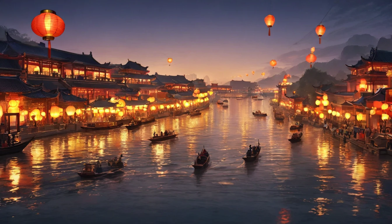 Ancient china, lantern festival night, river, lanterns floating on river, ancient two stories ships and boats with lanterns on the river, view from a boat on the river