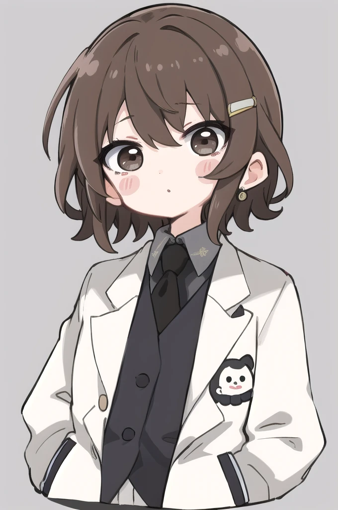masterpiece, Highest quality, Very detailed, nozoLittle, One girl, alone, Brush Sticker, (Little:1.4), Simple Background, whole body,((middle part)),short hair,brown hair,black eyes,white shirt,gray jacket,suit