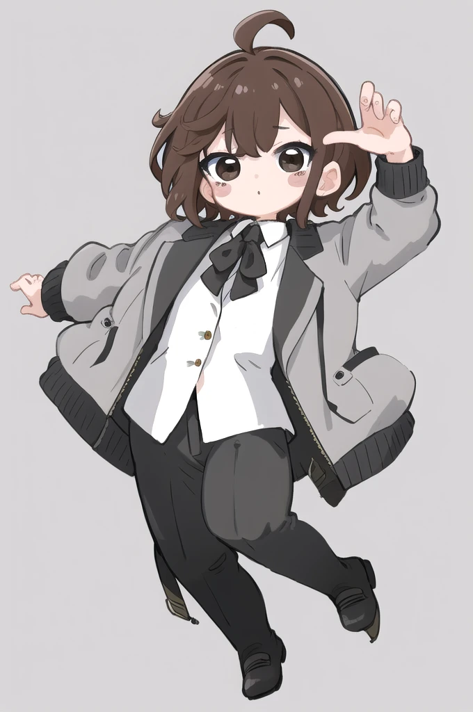 masterpiece, Highest quality, Very detailed, nozoLittle, One girl, alone, Brush Sticker, (Little:1.4), Simple Background, whole body,((middle part)),short hair,brown hair,black eyes,white shirt,gray jacket,suit