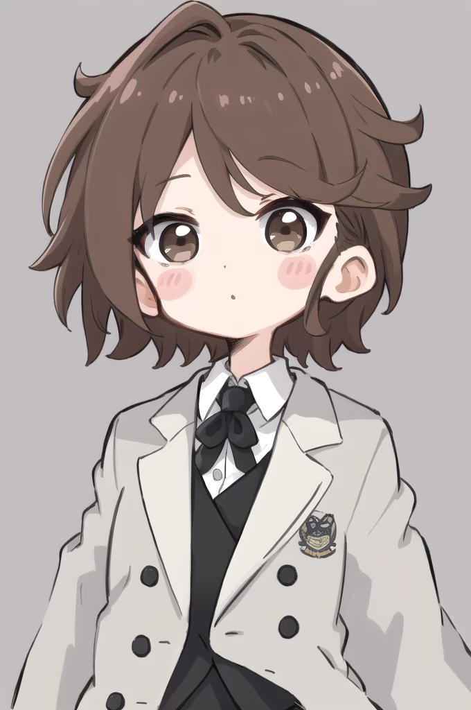 masterpiece, Highest quality, Very detailed, nozoLittle, One girl, alone, Brush Sticker, (Little:1.4), Simple Background, whole body,((middle part)),short hair,brown hair,black eyes,white shirt,gray jacket,suit