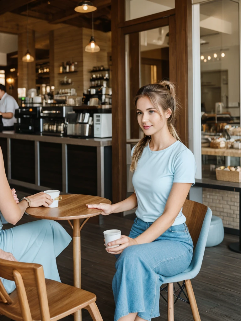 her name is Olivia, high quality, 1girl, ((27-year-old fit Caucasian woman)), ((27 years old)), ((BODY TYPE: HOURGLASS)), ((Ponytail HAIR)), ((EYE COLOR: Light blue)) pose: SITTING and ARMS CROSSED, wearing Casual Shirt and Short Generation-Z modern wear VARIETY colored, BACKGROUND: " Indoor: A small cafe with warm lighting, wooden tables, and the smell of freshly brewed coffee. Soft music plays in the background as patrons chat over their favorite drinks and pastries."