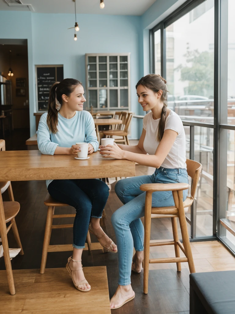 her name is Olivia, high quality, 1girl, ((27-year-old fit Caucasian woman)), ((27 years old)), ((BODY TYPE: HOURGLASS)), ((Ponytail HAIR)), ((EYE COLOR: Light blue)) pose: SITTING and ARMS CROSSED, wearing Casual Shirt and Short Generation-Z modern wear VARIETY colored, BACKGROUND: " Indoor: A small cafe with warm lighting, wooden tables, and the smell of freshly brewed coffee. Soft music plays in the background as patrons chat over their favorite drinks and pastries."