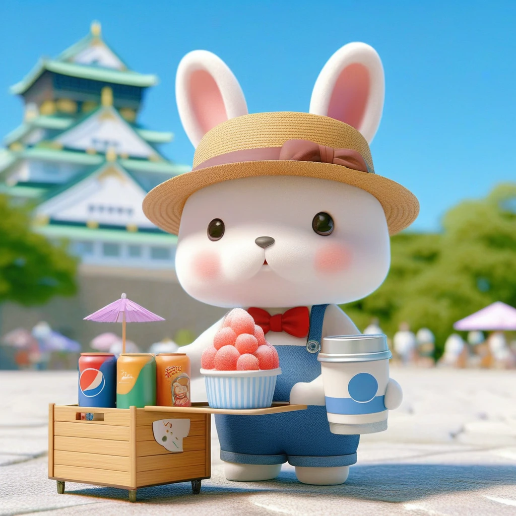 There is a white rabbit with a straw hat and a basket of fruit., cute 3 d render, Adorable digital painting, cute! C4D, cute anthropomorphic bunny, 3d model of a japanese mascot, Trending on cgstation, cute detailed digital art, thug_character, cute digital art, cute character, 3D rendering official art, cute artwork