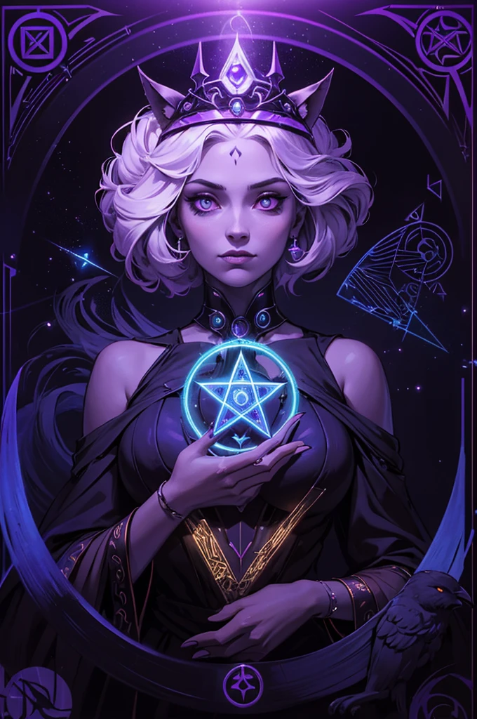 depicts a modern-day witch who has embraced the world of cybernetics to enhance her magical abilities. The artwork should convey the enchanting blend of traditional witchcraft and futuristic technology. Here are some specific elements to include: The Witch's Lair: The setting should be a cozy yet slightly eerie room, filled with magical books, crystal balls, potion ingredients, and antique furnishings. The room should be dimly lit by candles and a soft, mystical glow emanating from her cybernetic enhancements. The Cyborg Witch: The central focus of the artwork is the witch herself. She's a striking figure with a mix of traditional witch attire and cybernetic enhancements. Her clothing should have a witchy, occult aesthetic, with flowing robes, a pointed hat, and an intricate pentagram necklace. Her arms, however, have been upgraded with cybernetic components that incorporate magical symbols and glowing runes. Magical Interface: The witch is in the midst of casting a spell, with a holographic, touch-screen interface floating before her. This interface includes spell incantations, arcane symbols, and digital components, demonstrating her fusion of magic and technology. Spell Ingredients: On a nearby table, there should be a collection of spell ingredients, like herbs, potions, and magical artifacts. Some of these items may have been modified with cybernetic enhancements, blurring the line between the natural and the technological. Familiar: The witch's familiar, perhaps a cat or raven, should be present in the scene, serving as her magical companion. The familiar could also have subtle cybernetic enhancements or glowing eyes. Glowing Runes: The room should be adorned with ancient symbols and glowing runes on the walls and floor, contributing to the magical atmosphere. Aetherial Lighting: Use a combination of mystical, ethereal lighting and cybernetic glows to create a captivating interplay of light and shadow. The contrast between the tradit