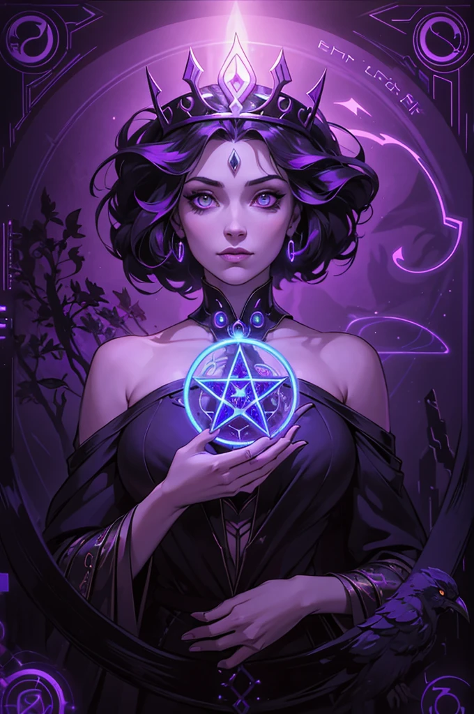 depicts a modern-day witch who has embraced the world of cybernetics to enhance her magical abilities. The artwork should convey the enchanting blend of traditional witchcraft and futuristic technology. Here are some specific elements to include: The Witch's Lair: The setting should be a cozy yet slightly eerie room, filled with magical books, crystal balls, potion ingredients, and antique furnishings. The room should be dimly lit by candles and a soft, mystical glow emanating from her cybernetic enhancements. The Cyborg Witch: The central focus of the artwork is the witch herself. She's a striking figure with a mix of traditional witch attire and cybernetic enhancements. Her clothing should have a witchy, occult aesthetic, with flowing robes, a pointed hat, and an intricate pentagram necklace. Her arms, however, have been upgraded with cybernetic components that incorporate magical symbols and glowing runes. Magical Interface: The witch is in the midst of casting a spell, with a holographic, touch-screen interface floating before her. This interface includes spell incantations, arcane symbols, and digital components, demonstrating her fusion of magic and technology. Spell Ingredients: On a nearby table, there should be a collection of spell ingredients, like herbs, potions, and magical artifacts. Some of these items may have been modified with cybernetic enhancements, blurring the line between the natural and the technological. Familiar: The witch's familiar, perhaps a cat or raven, should be present in the scene, serving as her magical companion. The familiar could also have subtle cybernetic enhancements or glowing eyes. Glowing Runes: The room should be adorned with ancient symbols and glowing runes on the walls and floor, contributing to the magical atmosphere. Aetherial Lighting: Use a combination of mystical, ethereal lighting and cybernetic glows to create a captivating interplay of light and shadow. The contrast between the tradit