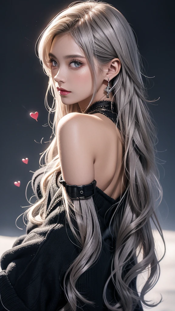 vtuber model, silver hair, grey hair, long hair, messy hair, straight hair, expressive hair, heart-shaped pupils, dilated pupils, embarrassed, blush, heart in eye, naughty, Conceptual art, modern, anime style, anime, reference sheet, multiple views, from behind, from below, from side, UHD, masterpiece, anatomically correct, super detail, textured skin, high details, high quality, best quality, highres, 8k