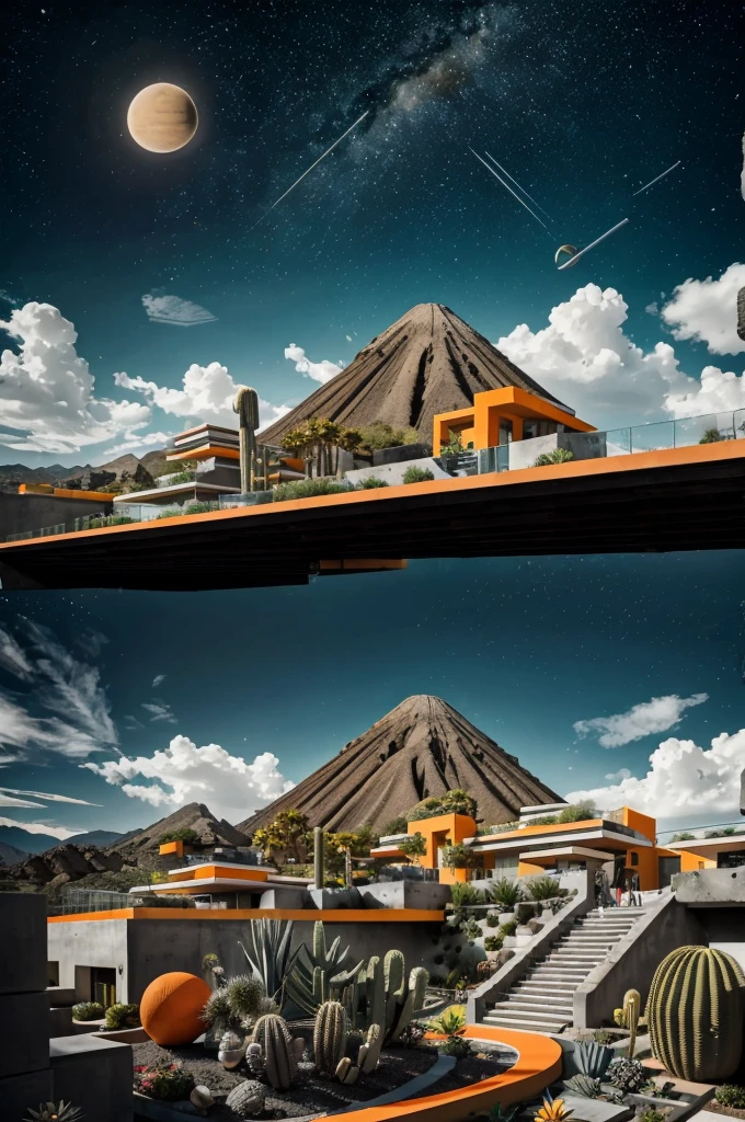 An illustration in collage style, with giant boulders, brutalist building sections, terraces, stairs, cacti, agave, concrete texture, multiple geometric shapes, hatch and cross hatching, planet saturn, volcano, moon, Luis Barragán's architectural style build, milky way galaxy, violet, one motorcycle, An illustration in collage style, with giant boulders, brutalist building sections, stairs, cacti, agave, concrete texture, multiple geometric shapes, hatch and cross hatching, planet saturn, volcano, moon, Luis Barragán's architectural style build, reflective pool, terraces. An elegant and modern build, in top of big boulders, with terraces, materials concrete, wood, steel and crystal, various gardens with tropical vegetation, cacti and rocks, stairs, a pool. In middle of sea, a big wave near, sunset, mountains and a volcano in the horizont, cute islands around, illustration format, cute color palette, detailed, masterpiece, award-winning work, clouds, Illustration, a garden with abundant cacti, ((various organic sculptures)), ((big rocks)), (((multiple sections))), collage style, detailed, (((color palette (olive green), (Mustard orange), cool grey, ((blue)), black and white))), (((a lot Luis barragán's architecture style builds))) big clouds, volcano in horizon, stairs, in the desert. ((masterpiece, best quality)),illustration,ultra detailed 8k, ((Ori Toor visual style)),soviet, megabuildings, megastructures, buildings, organic steel sculpture