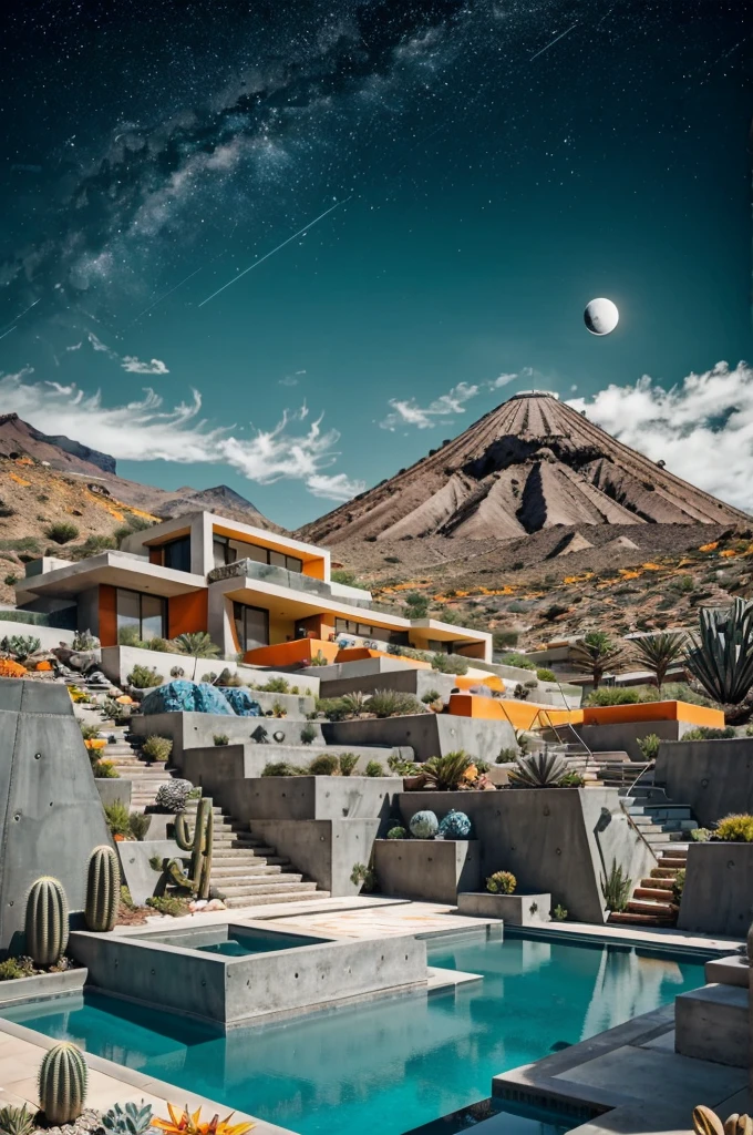 An illustration in collage style, with giant boulders, brutalist building sections, terraces, stairs, cacti, agave, concrete texture, multiple geometric shapes, hatch and cross hatching, planet saturn, volcano, moon, Luis Barragán's architectural style build, milky way galaxy, violet, one motorcycle, An illustration in collage style, with giant boulders, brutalist building sections, stairs, cacti, agave, concrete texture, multiple geometric shapes, hatch and cross hatching, planet saturn, volcano, moon, Luis Barragán's architectural style build, reflective pool, terraces. An elegant and modern build, in top of big boulders, with terraces, materials concrete, wood, steel and crystal, various gardens with tropical vegetation, cacti and rocks, stairs, a pool. In middle of sea, a big wave near, sunset, mountains and a volcano in the horizont, cute islands around, illustration format, cute color palette, detailed, masterpiece, award-winning work, clouds, Illustration, a garden with abundant cacti, ((various organic sculptures)), ((big rocks)), (((multiple sections))), collage style, detailed, (((color palette (olive green), (Mustard orange), cool grey, ((blue)), black and white))), (((a lot Luis barragán's architecture style builds))) big clouds, volcano in horizon, stairs, in the desert. ((masterpiece, best quality)),illustration,ultra detailed 8k, ((Ori Toor visual style)),soviet, megabuildings, megastructures, buildings, organic steel sculpture