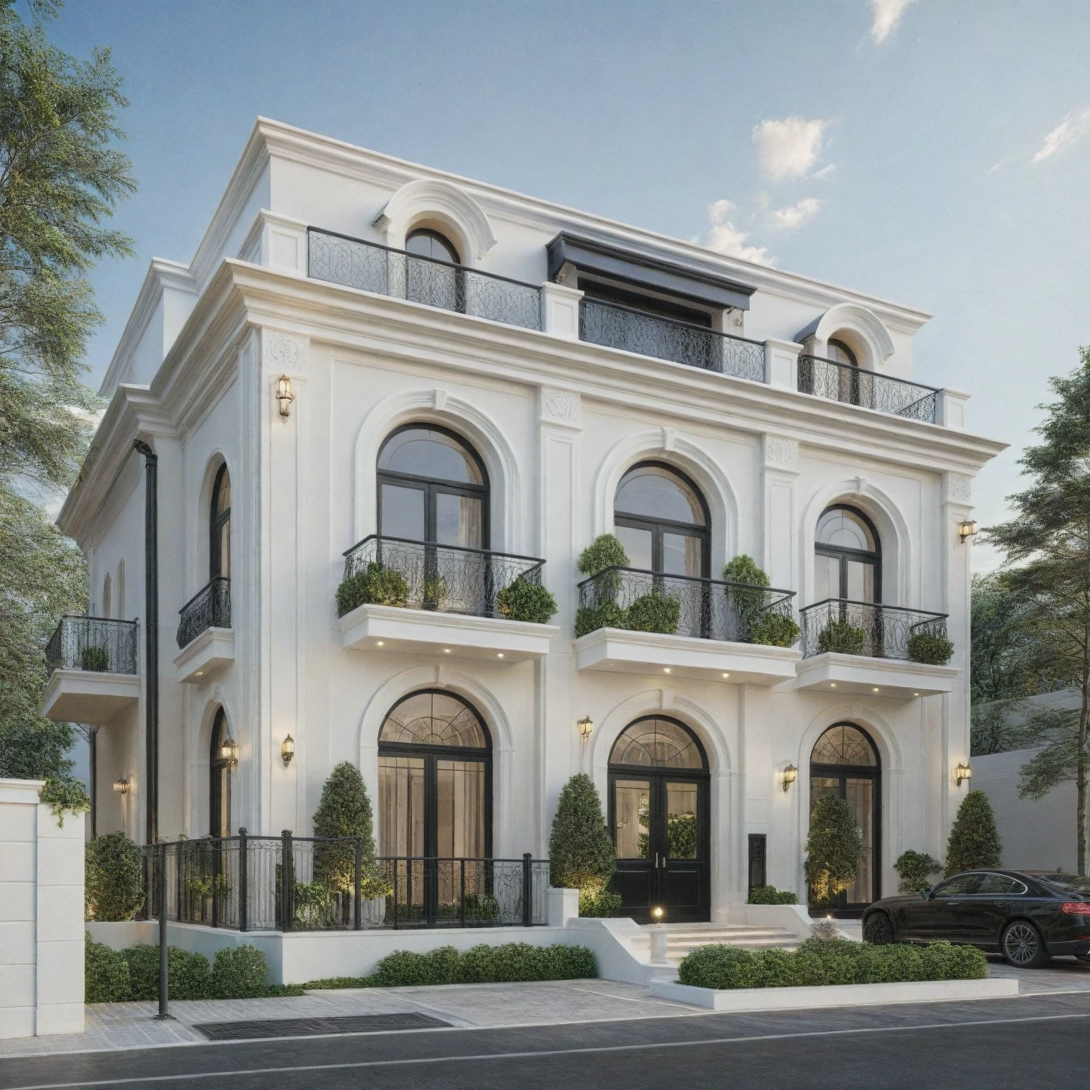 Architectural style Architectural style,  ((Classic Style House)),(masterpiece) , ((best quality)), dramatic lighting, high quality outdoors, sky, day, cloud, tree, blue sky, building, scenery, road, real world location,  sunlight, enough detail, high resolution,super realistic, Photorealistic, highly detailed, balcony, plants, door, car, truck, parking slot, paving, . Clean lines, architectural drawing, highly detailed  , . Clean lines, geometric shapes, minimalist, modern, architectural drawing, highly detailed