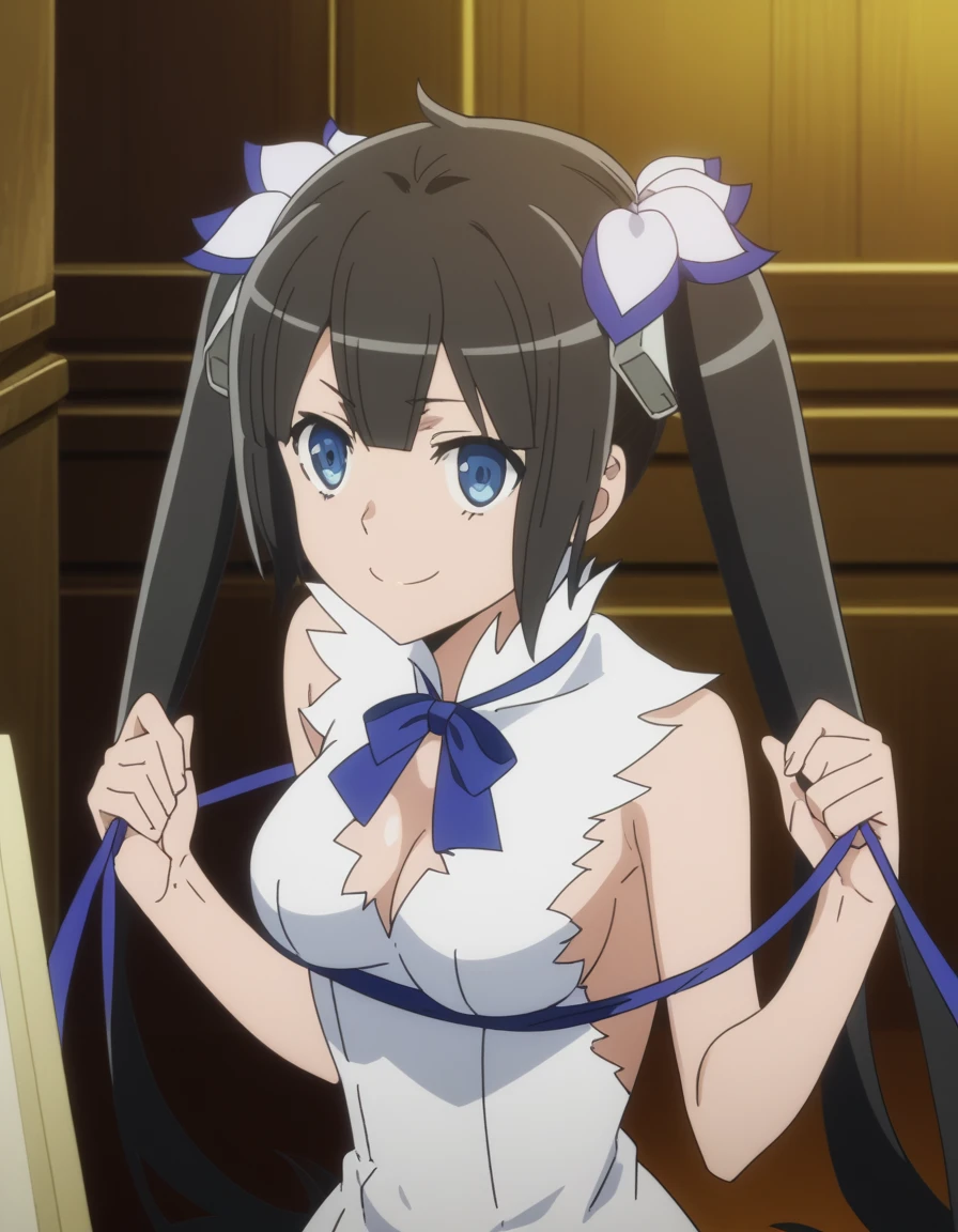 score_9, score_8_up, score_7_up, source anime,prefect lighting, very aesthetic, anime screencap, anime coloring, dungeon ni deai wo motomeru no wa machigatteiru darou ka, hestia, black hair, blue eyes, twin tails/long hair, hair ornament, white dress, center opening, blue ribbon, rei no himo, upper body, portrait, smile, looking at viewer