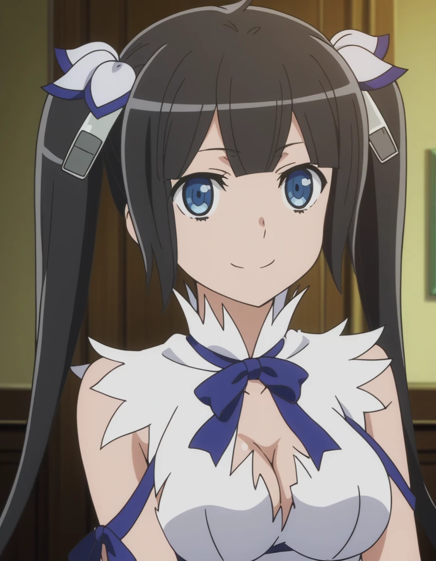 score_9, score_8_up, score_7_up, source anime,prefect lighting, very aesthetic, anime screencap, anime coloring, dungeon ni deai wo motomeru no wa machigatteiru darou ka, hestia, black hair, blue eyes, twin tails/long hair, hair ornament, white dress, center opening, blue ribbon, rei no himo, upper body, portrait, smile, looking at viewer