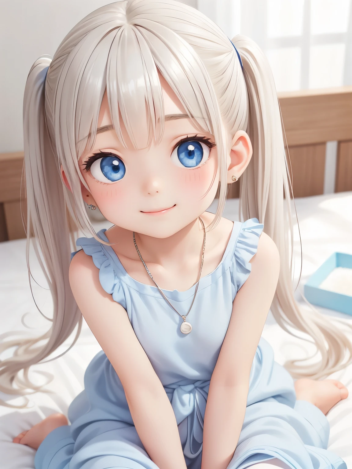 Earrings、necklace、Beautiful glowing white skin,、 bright, Refreshing and gentle look, Perfect beautiful pretty face, Shiny platinum blonde straight long hair reaching down to her waist, Beautiful shiny bangs, ((Very beautiful and beautiful4Year old girl)), eyeliner, so perfect and beautiful, Big clear sky blue eyes, bright eye highlights, Baby Face、Cute smile、Long eyelashes、Bink pajamas、Looking down on a young girl from above、Pigtails、