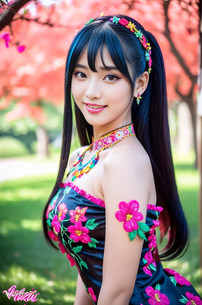 (masterpiece:1.4), (best quality:1.4), ultra high res, ultra high resolution, ((detailed facial features)), HDR, (realistic, photorealistic, photo-realistic:1.37), full body Esbian, sexy Vietnamese model, (-anime), only 1 model, vivid colors, ((vivid colors multicolor (fuchsia, pink, light blue, purple) very short hair)), (beautiful smile), lip-gloss, long lashes, defined eyebrows, wearing large sparkling colorful jewelery, wearing a red silk Paradise Kiss cosplay dress with black floral embroidery, ((vivid colors outfit)), vivid colors, look at the camera, cinematic light, large park background with trees, sweet and sexy pose