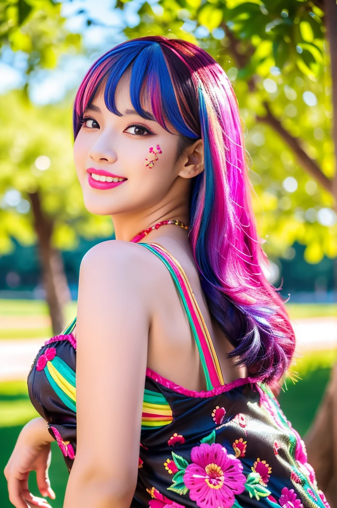 (masterpiece:1.4), (best quality:1.4), ultra high res, ultra high resolution, ((detailed facial features)), HDR, (realistic, photorealistic, photo-realistic:1.37), full body Esbian, sexy Vietnamese model, (-anime), only 1 model, vivid colors, ((vivid colors multicolor (fuchsia, pink, light blue, purple) very short hair)), (beautiful smile), lip-gloss, long lashes, defined eyebrows, wearing large sparkling colorful jewelery, wearing a red silk Paradise Kiss cosplay dress with black floral embroidery, ((vivid colors outfit)), vivid colors, look at the camera, cinematic light, large park background with trees, sweet and sexy pose